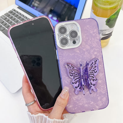 For iPhone 16 Pro Plating Glitter Texture Butterfly Holder TPU Phone Case with Lens Film(Purple Feather Yarn) - iPhone 16 Pro Cases by buy2fix | Online Shopping UK | buy2fix