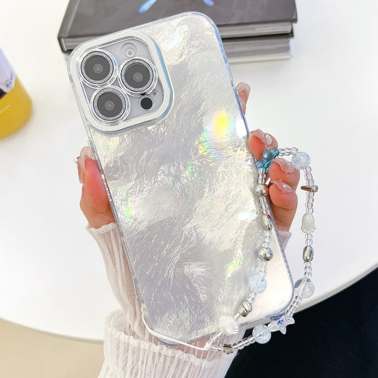 For iPhone 16 Pro Max Plating Glitter Texture Chain Wristband TPU Phone Case with Lens Film(White Tinfoil Texture) - iPhone 16 Pro Max Cases by buy2fix | Online Shopping UK | buy2fix