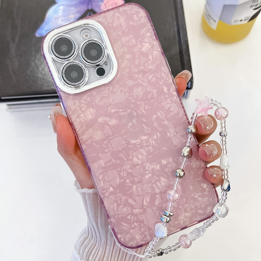 For iPhone 16 Pro Plating Glitter Texture Chain Wristband TPU Phone Case with Lens Film(Pink Shell Pattern) - iPhone 16 Pro Cases by buy2fix | Online Shopping UK | buy2fix