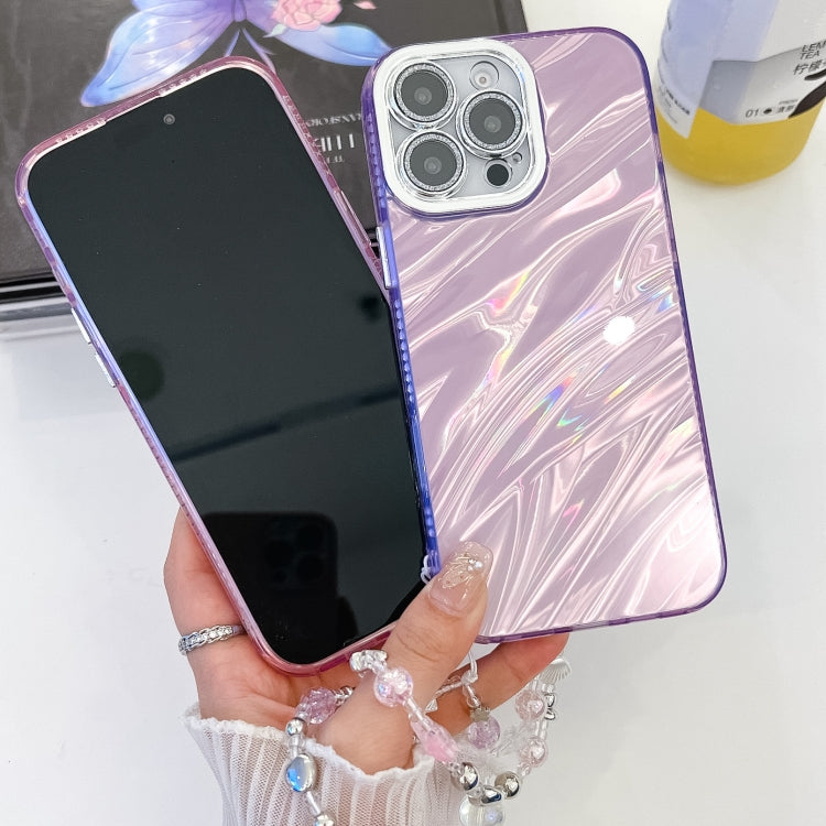 For iPhone 16 Plating Glitter Texture Chain Wristband TPU Phone Case with Lens Film(Pink Water Ripples) - iPhone 16 Cases by buy2fix | Online Shopping UK | buy2fix