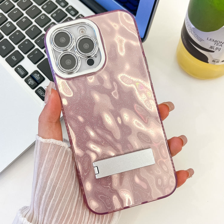 For iPhone 16 Pro Plating Glitter Texture Fold Holder TPU Phone Case with Lens Film(Pink Wrinkles) - iPhone 16 Pro Cases by buy2fix | Online Shopping UK | buy2fix