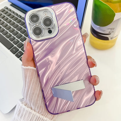 For iPhone 16 Pro Max Plating Glitter Texture Fold Holder TPU Phone Case with Lens Film(Purple Wrinkles) - iPhone 16 Pro Max Cases by buy2fix | Online Shopping UK | buy2fix