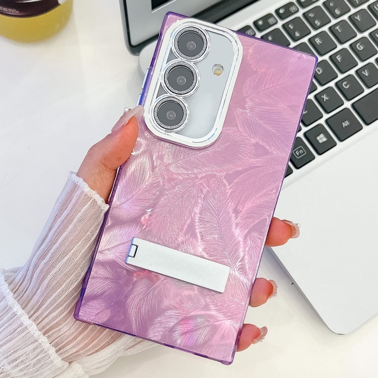 For Samsung Galaxy S25+ 5G Plating Glitter Texture Fold Holder TPU Phone Case with Lens Film(Purple Feathers) - Galaxy S25+ 5G Cases by buy2fix | Online Shopping UK | buy2fix