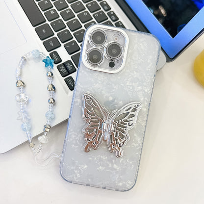 For iPhone 16 Pro Plating Glitter Lens Film Texture Butterfly Holder Wristband Phone Case(White Shell Pattern) - iPhone 16 Pro Cases by buy2fix | Online Shopping UK | buy2fix