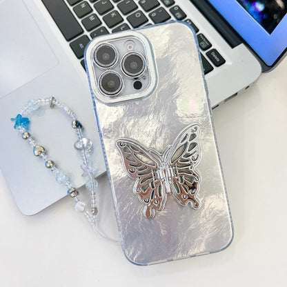 For iPhone 16 Pro Plating Glitter Lens Film Texture Butterfly Holder Wristband Phone Case(White Tinfoil Texture) - iPhone 16 Pro Cases by buy2fix | Online Shopping UK | buy2fix