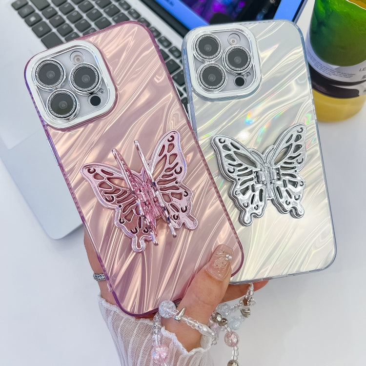 For iPhone 16 Pro Plating Glitter Lens Film Texture Butterfly Holder Wristband Phone Case(Pink Water Ripples) - iPhone 16 Pro Cases by buy2fix | Online Shopping UK | buy2fix