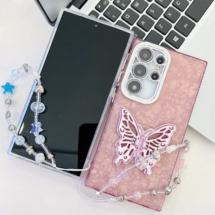 For Samsung Galaxy S25+ 5G Plating Glitter Lens Film Texture Butterfly Holder Wristband Phone Case(Purple Tinfoil Texture) - Galaxy S25+ 5G Cases by buy2fix | Online Shopping UK | buy2fix