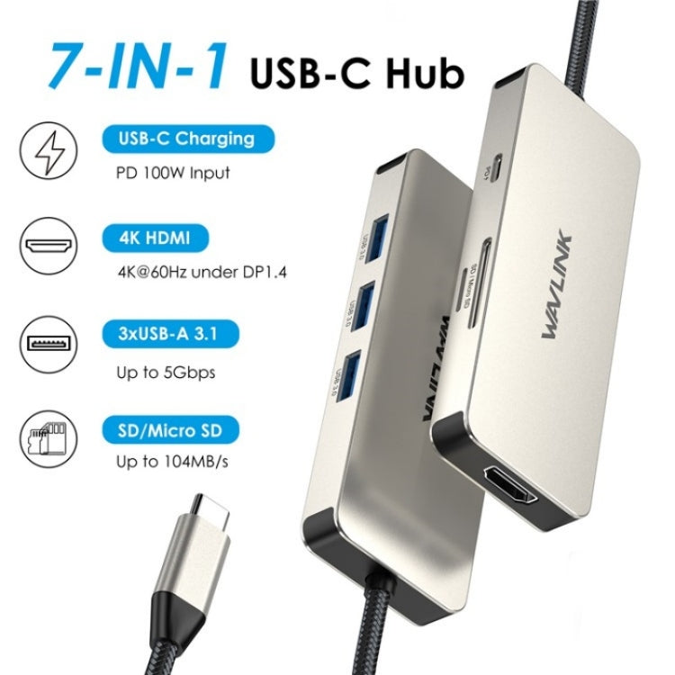 WAVLINK UHP3416 7-in-1 PD100W Charging SD / TF Card Reader 4K HD Type-C Docking Station(Silver) - USB HUB by WAVLINK | Online Shopping UK | buy2fix