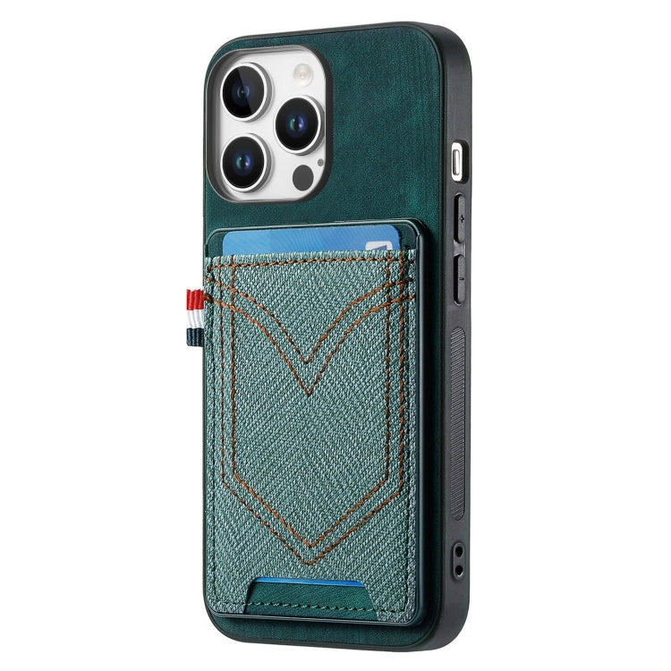 For iPhone 16 Pro Denim Texture Leather Skin Phone Case with Card Slot(Green) - iPhone 16 Pro Cases by buy2fix | Online Shopping UK | buy2fix