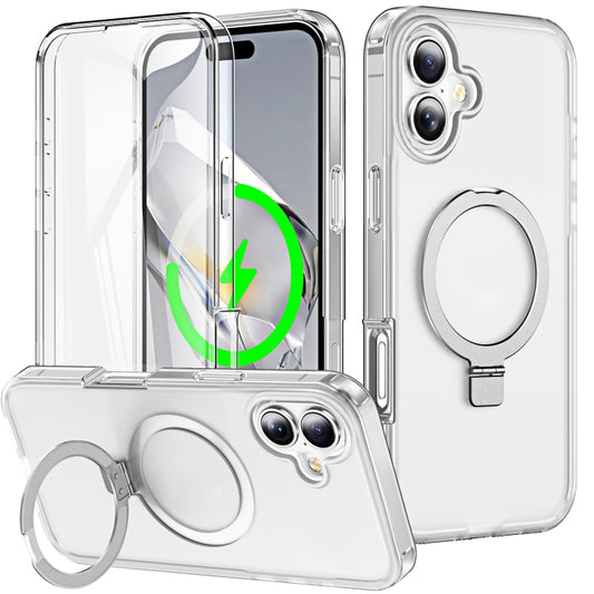 For iPhone 16 Frosted Skin Feel MagSafe Holder 360 Full Body Phone Case(Transparent) - iPhone 16 Cases by buy2fix | Online Shopping UK | buy2fix