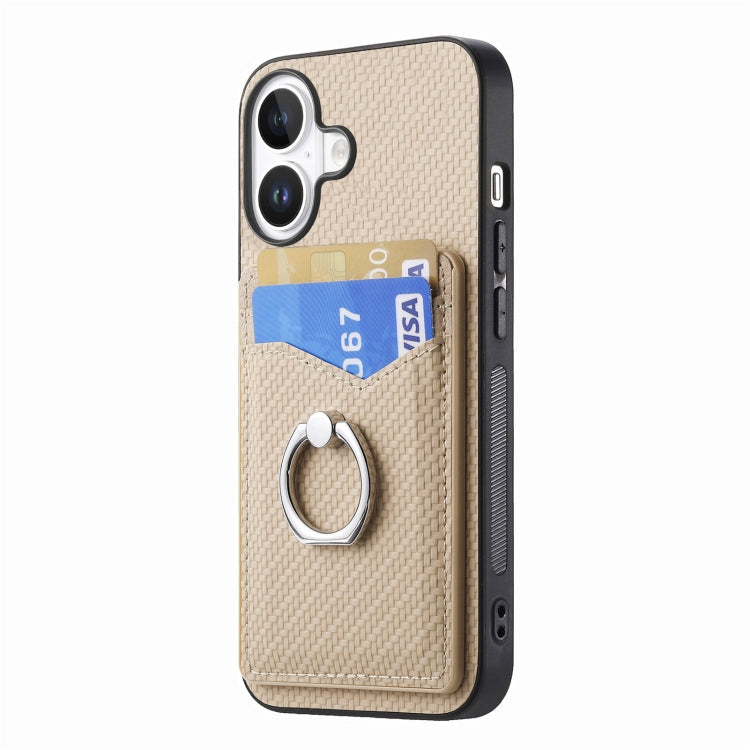 For iPhone 16 Plus Carbon Fiber Card Wallet Ring Phone Case(Khaki) - iPhone 16 Plus Cases by buy2fix | Online Shopping UK | buy2fix