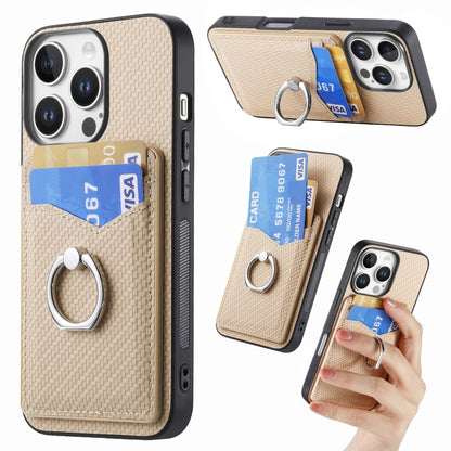 For iPhone 16 Pro Max Carbon Fiber Card Wallet Ring Phone Case(Khaki) - iPhone 16 Pro Max Cases by buy2fix | Online Shopping UK | buy2fix