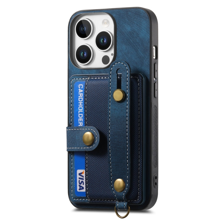 For iPhone 16 Pro Retro Cross Wristband Wallet Leather Back Phone Case(Blue) - iPhone 16 Pro Cases by buy2fix | Online Shopping UK | buy2fix