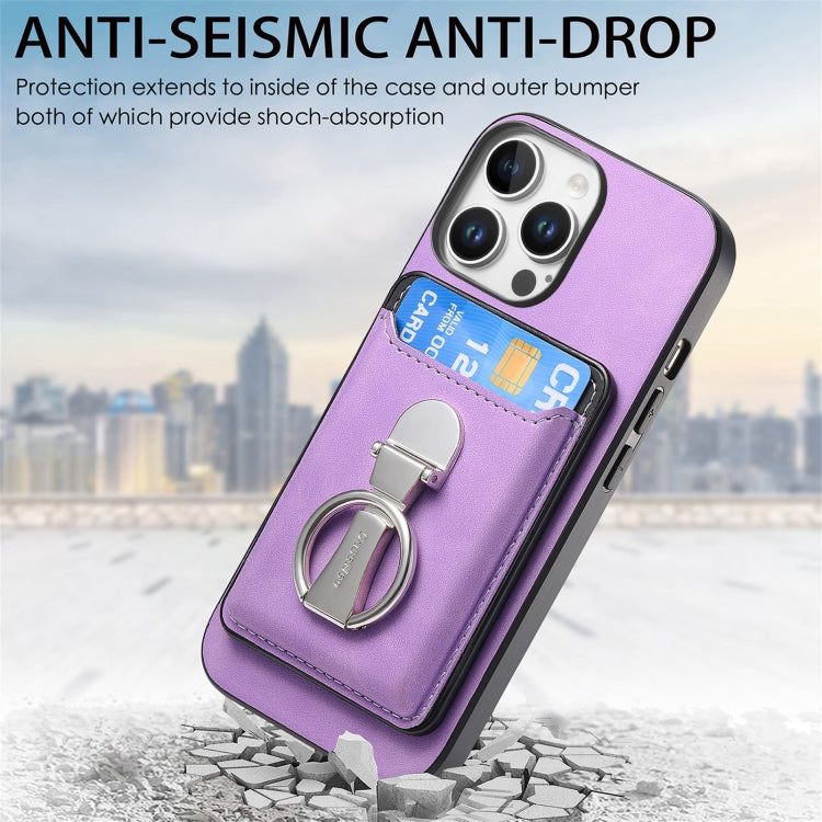 For iPhone 16 Pro Max Retro Folding Ring Holder Card Bag MagSafe Phone Case(Purple) - iPhone 16 Pro Max Cases by buy2fix | Online Shopping UK | buy2fix