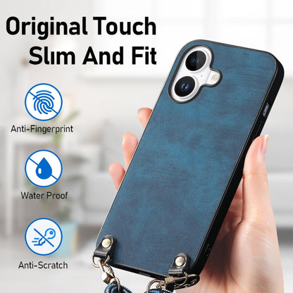 For iPhone 16 Vintage Leather PC Back Cover Phone Case with Crossbody Strap(Blue) - iPhone 16 Cases by buy2fix | Online Shopping UK | buy2fix