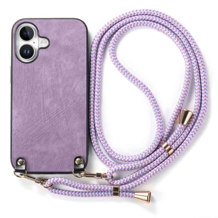 For iPhone 16 Vintage Leather PC Back Cover Phone Case with Crossbody Strap(Purple) - iPhone 16 Cases by buy2fix | Online Shopping UK | buy2fix