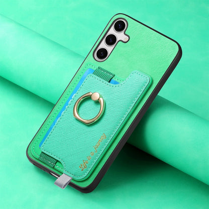 For Samsung Galaxy S25 5G Retro Cross Leather Ring Horizontal Insert Card Bag MagSafe Phone Case(Green) - Galaxy S25 5G Cases by buy2fix | Online Shopping UK | buy2fix