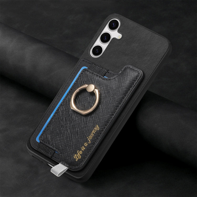 For Samsung Galaxy S25+ 5G Retro Cross Leather Ring Horizontal Insert Card Bag MagSafe Phone Case(Black) - Galaxy S25+ 5G Cases by buy2fix | Online Shopping UK | buy2fix