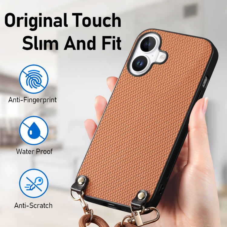 For iPhone 16 Carbon Fiber Texture Leather Back Phone Case with Crossbody Strap(Brown) - iPhone 16 Cases by buy2fix | Online Shopping UK | buy2fix