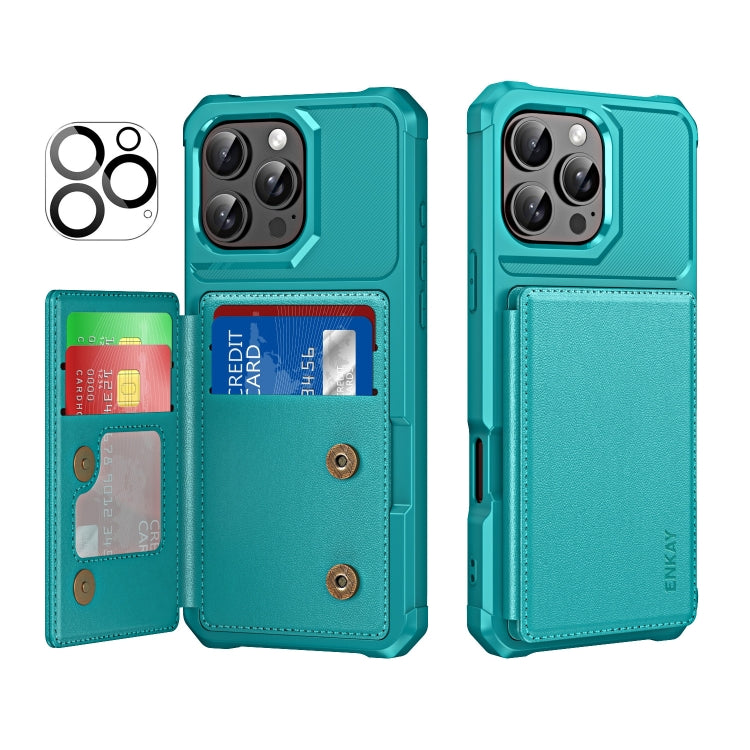 For iPhone 16 Pro Max ENKAY Hat-Prince Card Slot Wallet TPU Back Leather Phone Case with Lens Film(Cyan) - iPhone 16 Pro Max Cases by ENKAY | Online Shopping UK | buy2fix