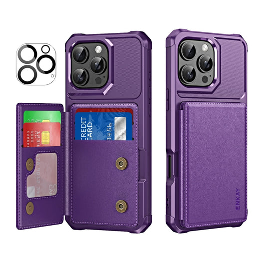 For iPhone 16 Pro Max ENKAY Hat-Prince Card Slot Wallet TPU Back Leather Phone Case with Lens Film(Purple) - iPhone 16 Pro Max Cases by ENKAY | Online Shopping UK | buy2fix