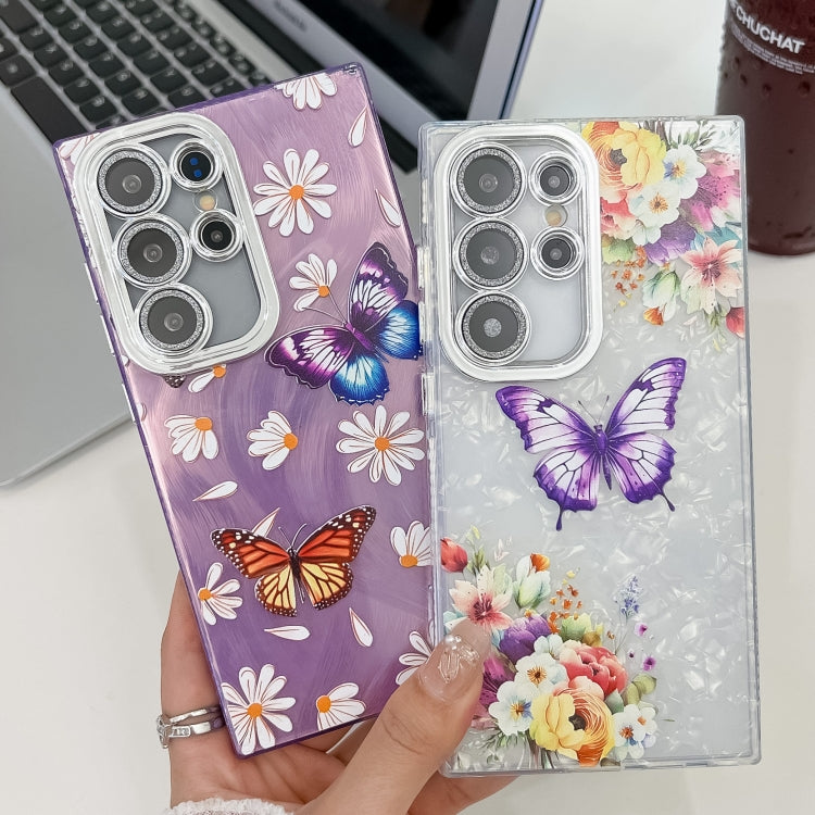 For Samsung Galaxy S25 Ultra 5G Plating Texture Butterfly TPU Phone Case with Glitter Lens Film(Flowers Butterflies HU1) - Galaxy S25 Ultra 5G Cases by buy2fix | Online Shopping UK | buy2fix