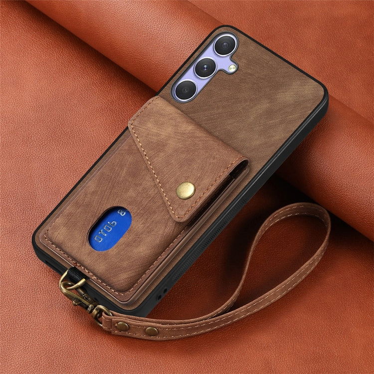 For Samsung Galaxy S25 5G Retro Card Wallet Fold Leather Phone Case with Strap(Brown) - Galaxy S25 5G Cases by buy2fix | Online Shopping UK | buy2fix