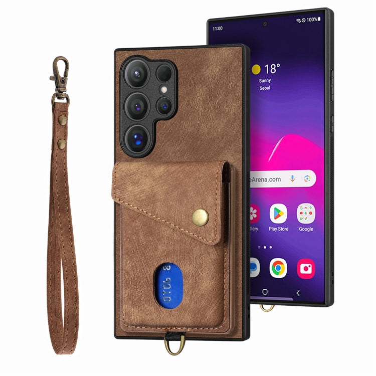 For Samsung Galaxy S25 Ultra 5G Retro Card Wallet Fold Leather Phone Case with Strap(Brown) - Galaxy S25 Ultra 5G Cases by buy2fix | Online Shopping UK | buy2fix