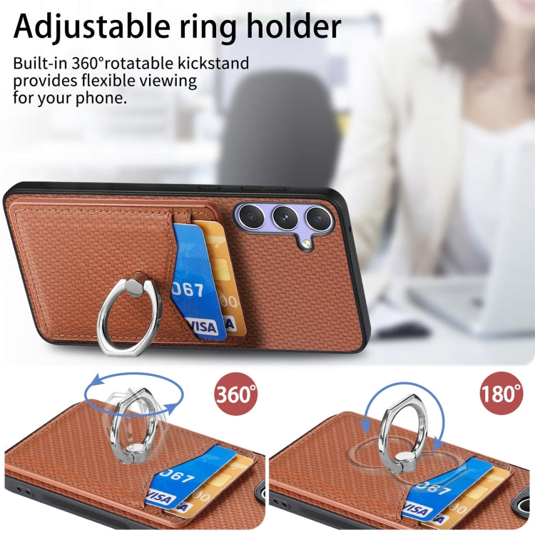 For Samsung Galaxy S25 Ultra 5G Carbon Fiber Card Wallet Ring Phone Case(Khaki) - Galaxy S25 Ultra 5G Cases by buy2fix | Online Shopping UK | buy2fix