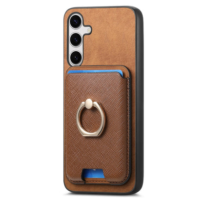 For Samsung Galaxy S25 5G Retro Cross Leather Ring Vertical Insert Card Bag MagSafe Phone Case(Brown) - Galaxy S25 5G Cases by buy2fix | Online Shopping UK | buy2fix