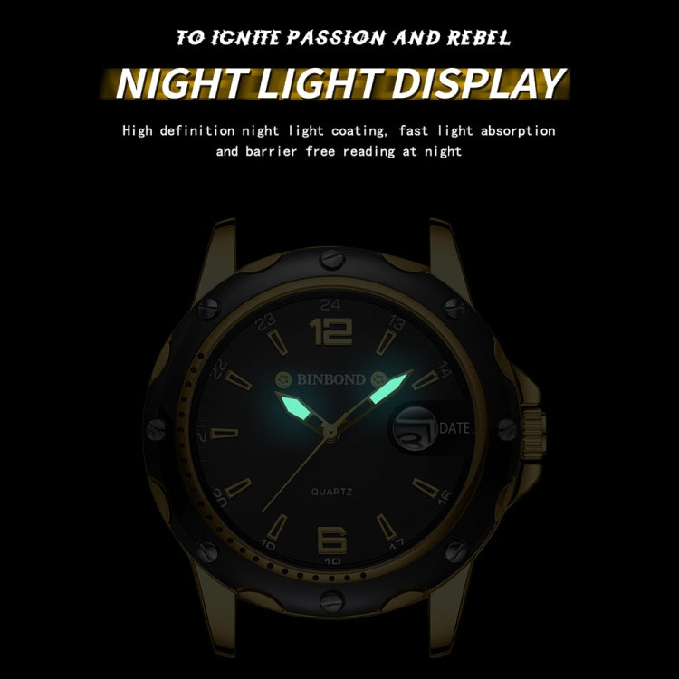 BINBOND B9696 Outdoor Calendar Luminous Waterproof Quartz Watch, Color: Full Gold-Black-Gold Nail - Metal Strap Watches by BINBOND | Online Shopping UK | buy2fix