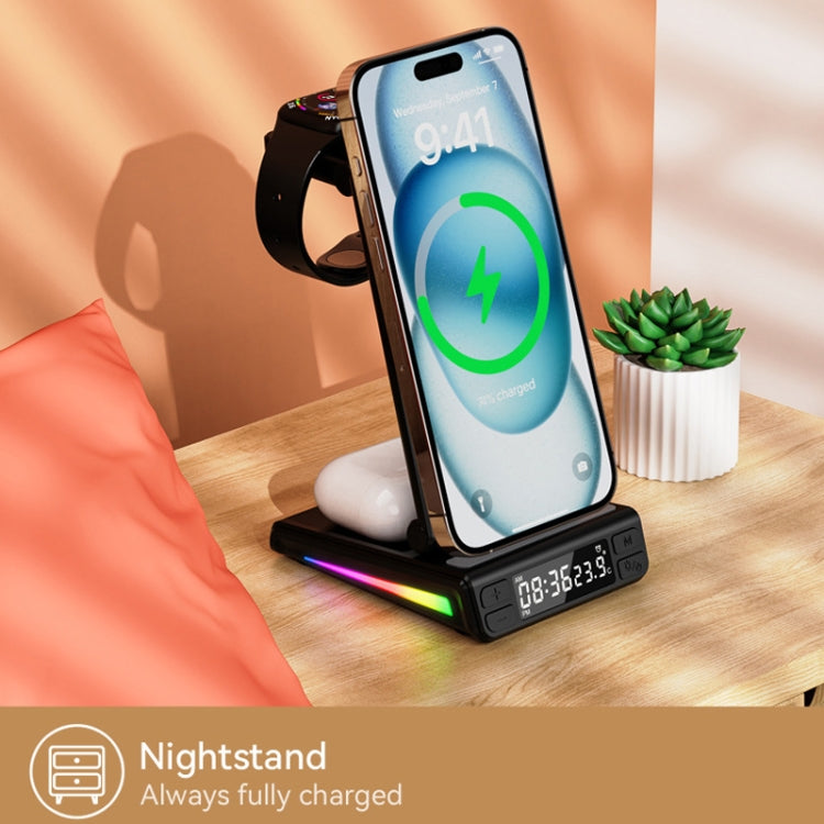 5-in-1 Desktop Magnetic Wireless Charger with Clock and Temperature Display for Smartphones / Watches / Earphones(Black) - Wireless Charger by buy2fix | Online Shopping UK | buy2fix