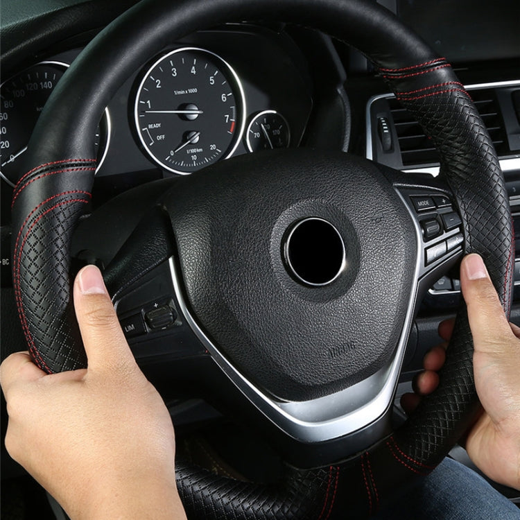 38cm Cowhide Embossed Hand-Stitched Double-Line Steering Wheel Cover(Black Red Line) - Steering Wheel Accessories by buy2fix | Online Shopping UK | buy2fix