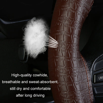 38cm Four-season Embossed Cowhide Hand-sewn Steering Wheel Cover(Wine Red) - Steering Wheel Accessories by buy2fix | Online Shopping UK | buy2fix