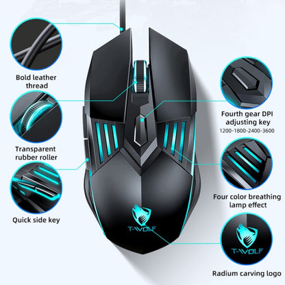 T-WOLF G560 6-keys Cool Breathing Light Gaming Wired Mouse Mechanical Office Silent Mouse(Blue) - Wired Mice by T-WOLF | Online Shopping UK | buy2fix