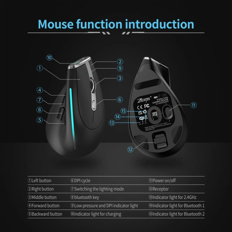 ZELOTES F36 9-Keys Vertical Grip Ergonomic Programming Dual Bluetooth + 2.4G Wireless Mouse(White) - Wireless Mice by ZELOTES | Online Shopping UK | buy2fix