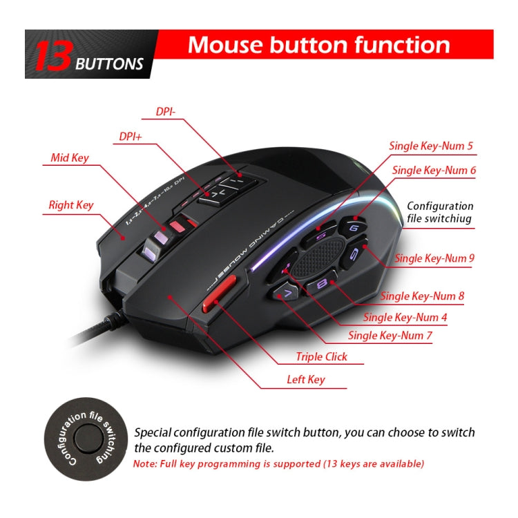 ZELOTES C13 13-keys RGB Lighting Effect Programming Macro Custom Gaming Wired Mouse(Black) - Wired Mice by ZELOTES | Online Shopping UK | buy2fix