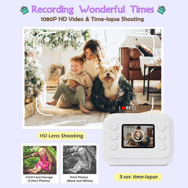 2.0-Inch LED Flash 1080P HD Recording Photo Printing Camera With 3-Rolls Paper, Color: White - Children Cameras by buy2fix | Online Shopping UK | buy2fix