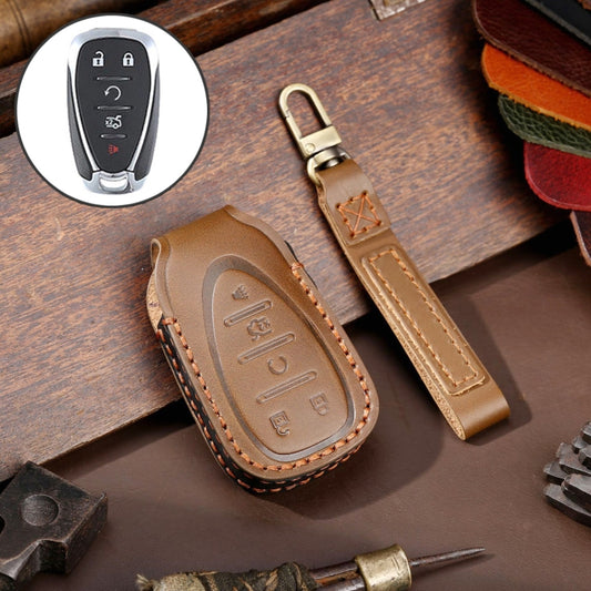 For Chevrolet 5-button Hallmo Car Cowhide Leather Key Protective Cover Key Case(Brown) - In Car by Hallmo | Online Shopping UK | buy2fix