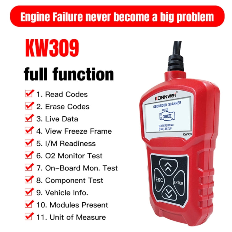 KONNWEI KW309 V309 V310 MS309 Code Reader OBD2 Scanner Diagnostic Tool(Red) - In Car by KONNWEI | Online Shopping UK | buy2fix