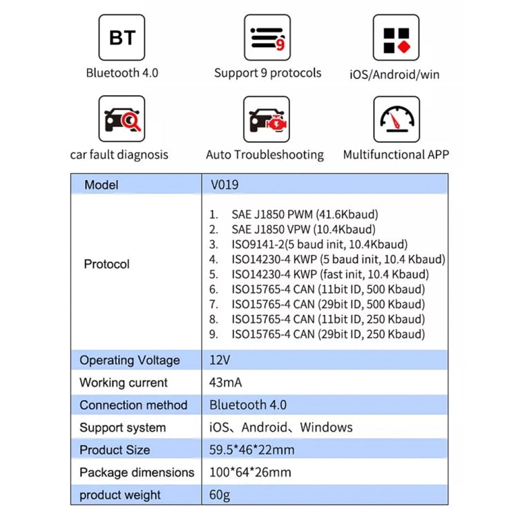 V019 OBD2 Scanner Bluetooth 4.0 ELM327 Car Diagnostic Tool - In Car by buy2fix | Online Shopping UK | buy2fix