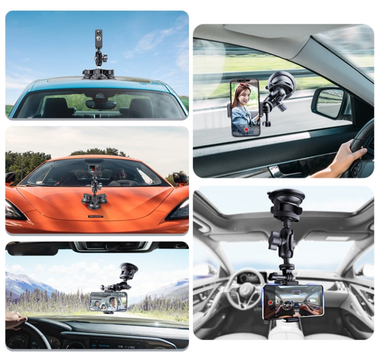 Dual Suction Cup Mount Phone Holder with Tripod Adapter & Steel Tether & Safety Buckle(Black) - In Car by buy2fix | Online Shopping UK | buy2fix