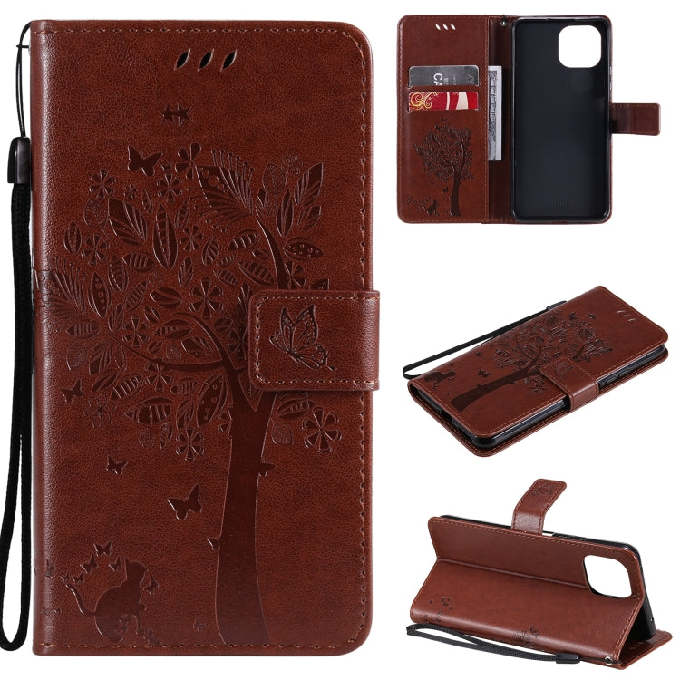 For Xiaomi Mi 11 Lite 5G Tree & Cat Pattern Pressed Printing Horizontal Flip PU Leather Case with Holder & Card Slots & Wallet & Lanyard(Coffee) - Xiaomi Cases by Diaobaolee | Online Shopping UK | buy2fix