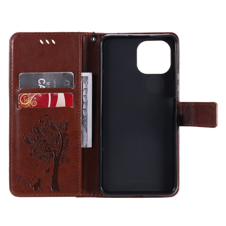 For Xiaomi Mi 11 Lite 5G Tree & Cat Pattern Pressed Printing Horizontal Flip PU Leather Case with Holder & Card Slots & Wallet & Lanyard(Coffee) - Xiaomi Cases by Diaobaolee | Online Shopping UK | buy2fix