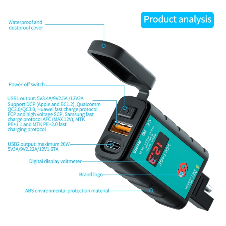 WUPP ZH-1422B1 DC12-24V Motorcycle Square Single USB + PD Fast Charging Charger with Switch + Voltmeter + Integrated SAE Socket - In Car by WUPP | Online Shopping UK | buy2fix