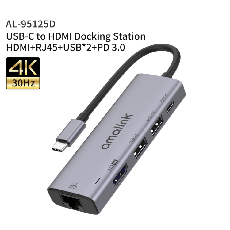 amalink 95125D Type-C / USB-C to HDMI + RJ45 + 2 Ports USB + PD 3.0 Multi-function HUB(Grey) - USB HUB by amalink | Online Shopping UK | buy2fix