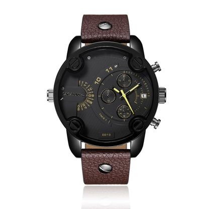 CAGARNY 6819 Multifunctional Dual Time Zone Quartz Business Sport Watch for Men(Black Shell Black Surface Brown Leather) - Leather Strap Watches by CAGARNY | Online Shopping UK | buy2fix