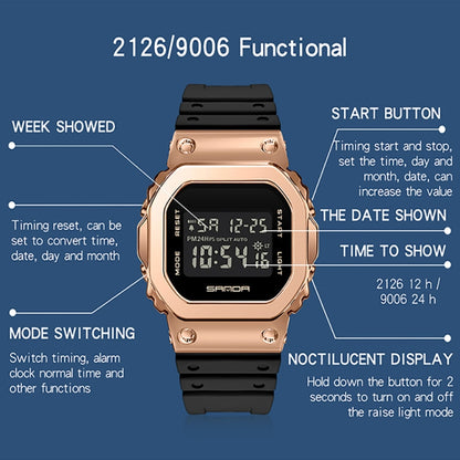 SANDA 9006 Tempered Mirror Luminous Waterproof Dual Display Electronic Watch(Black Rose Gold) - Silicone Strap Watches by SANDA | Online Shopping UK | buy2fix