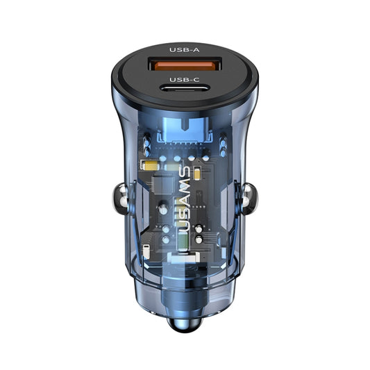 USAMS US-CC164 C32 30W Transparent Dual Port Mini Car Charger(Blue) - In Car by USAMS | Online Shopping UK | buy2fix