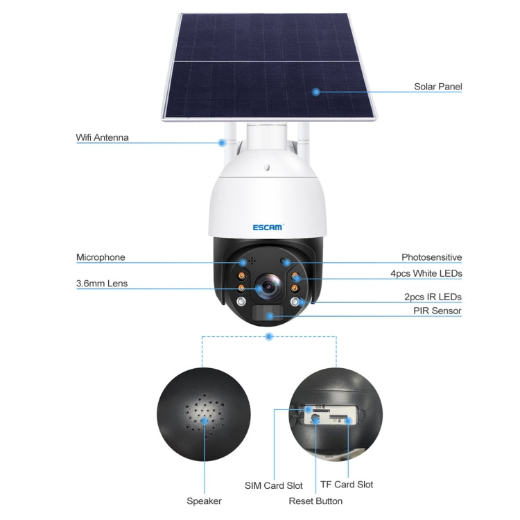 ESCAM QF724 3MP 24h Recording Cloud Storage PT 4G PIR Alarm IP Camera with Solar Panel, US Signal Bands - Security by ESCAM | Online Shopping UK | buy2fix